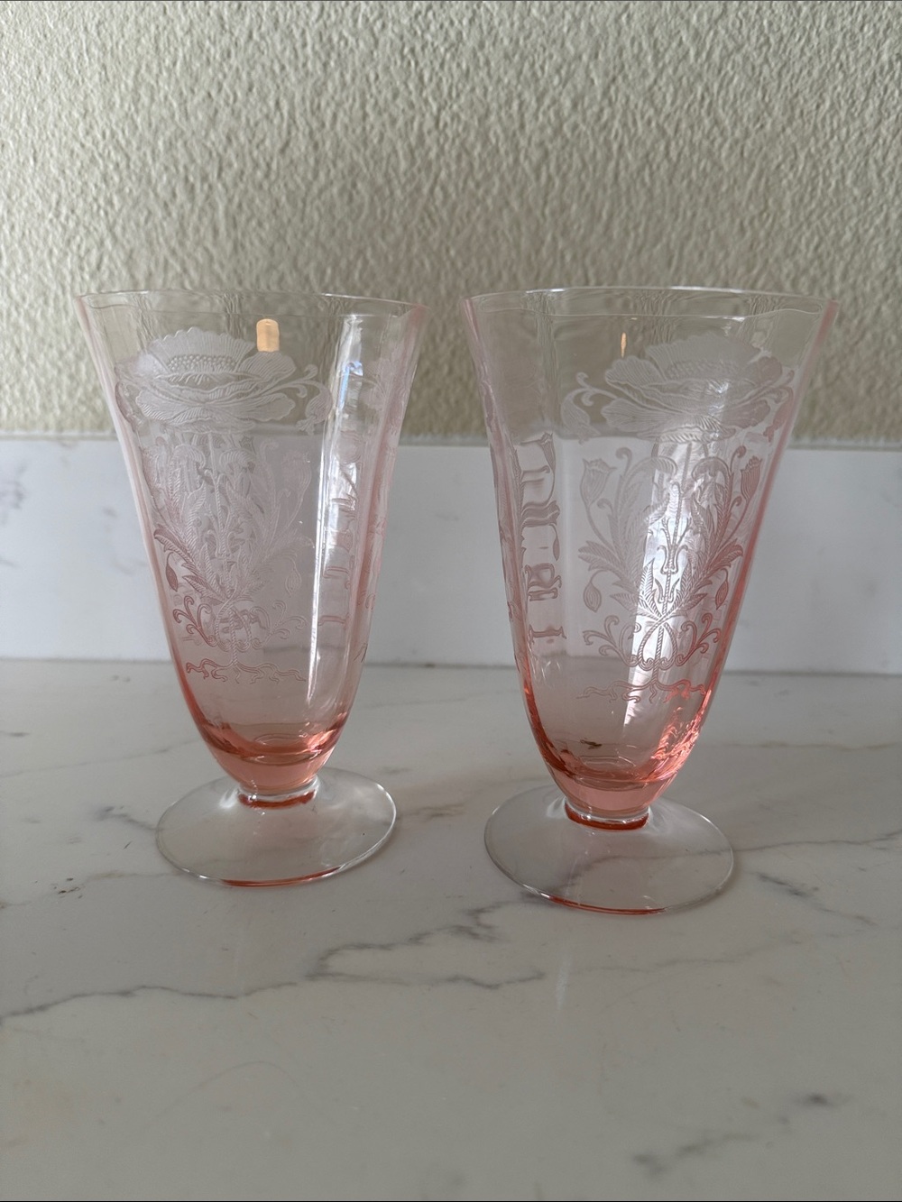 Antique Tiffin Pink Etched Poppy Water Glasses Set of 2 FLAW
